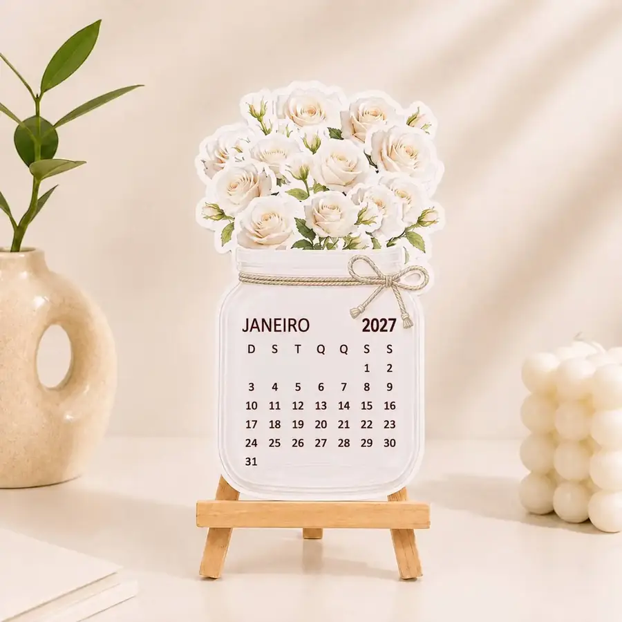 Calendário de mesa 2027 modelo Rosas brancas